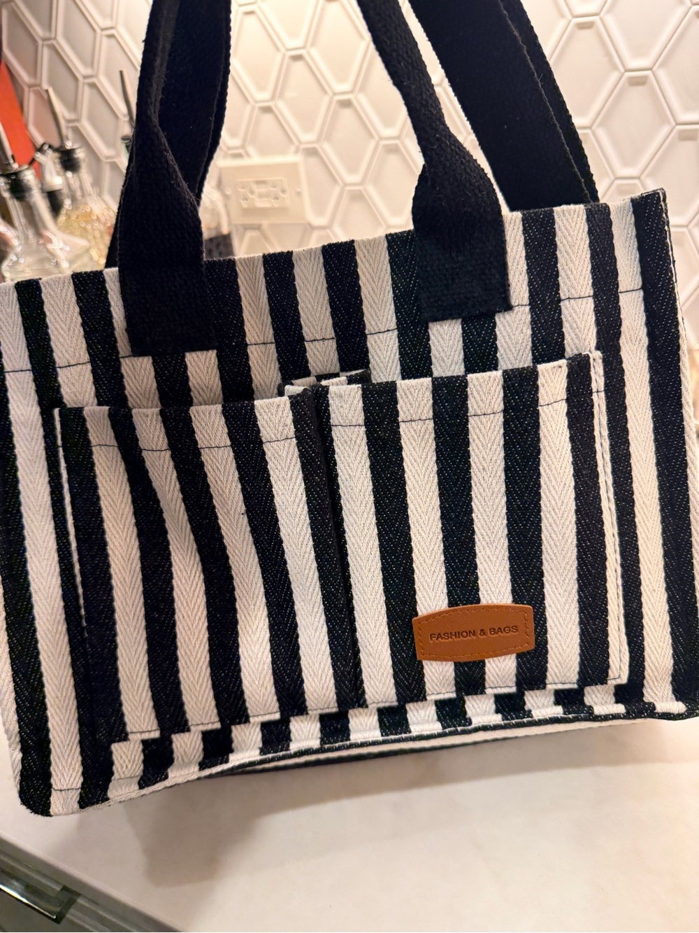Black and cream Striped Cloth Tote Bag